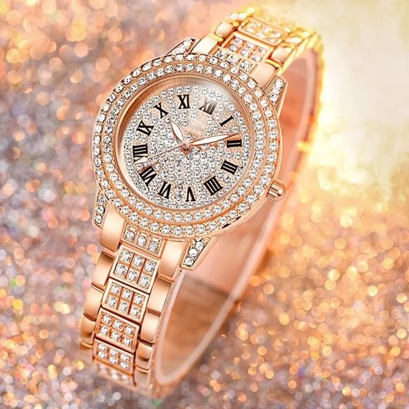 Women's Sparkling Rose Gold Watch with Rhinestones on Case and Band New - Picture 3 of 3